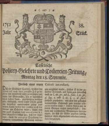 38. Stueck, Montag den 18. Septembr. 1752