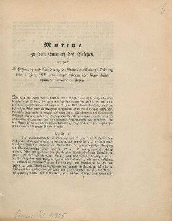 Motive zu dem Entwurf des Gesetzes, betreffend die Ergänzung und Abänderung der Gemeinheitstheilungs-Ordnung vom 7. Juni 1821, und einiger anderer über Gemeinheitstheilungen ergangener Gesetze