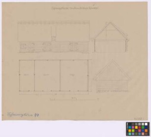 Schwirgsden [Königsgarten] (Darkeim [Landkreis Darkehmen, Angerapp]): Schimagel. Pferde- und Kuhstall (Seiten-Ansicht, Querschnitt, Grundriss, Giebel-Ansicht)