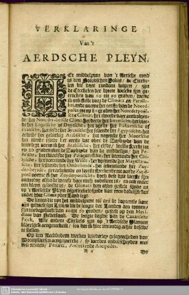[Eerste Boeck]. Verklaringe Van´t Aerdsche Pleyn