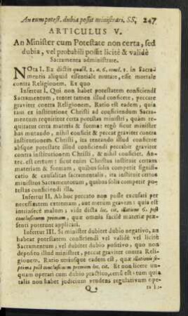 Articulus V. An Minister cum Potestate non certa, sed dubia, vel probabili possit licite & valide Sacramenta administrare.