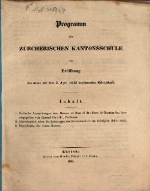 Programm der Zürcherischen Kantonsschule. 1844/45 (1845)