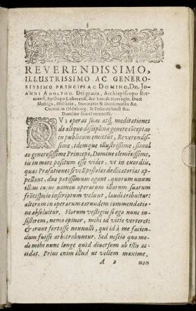 Reverendissimo, Illustrissimo Ac Generosissimo Principi Ac Domino, Dn. Joanni Adolpho. Dei gratia, Archiepiscopo Bremensi [...]
