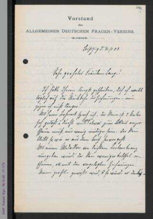 Brief von Johanna Brandstetter an Helene Lange