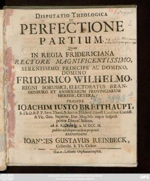Disputatio Theologica De Perfectione Partium