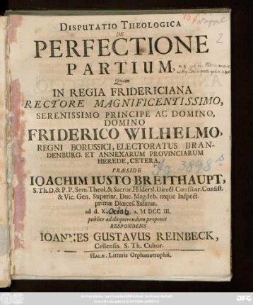 Disputatio Theologica De Perfectione Partium