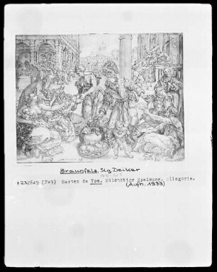 Mildtätige Speisung. Allegorie. Im Hintergrund rechts Christus