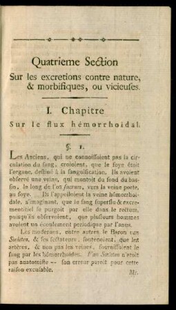 Quatrieme Section Sur les excretions contre nature, & morbifiques, ou vicieuses