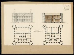 Jagdschloss Monatskonkurrenz März 1828: Grundriss Erdgeschoss, Obergeschoss, Aufriss Eingangsseite, Querschnitt