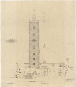 Gsaenger, Gustav; Kassel (Hessen); Kreuzkirche, Wiederaufbau - Tektur zum Eingabeplan, Ostseite (Ansicht)