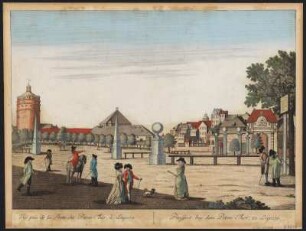 Ansicht der Gegend vor dem Peterstor in Leipzig, Kupferstich, um 1785 : Prospect bey dem Peters-Thor, zu Leipzig = Vue pres del la Porte dit Peters-Thor, à Leipzig / [Leizelt]. - [Augsburg] : [G. B. Probst] , [1785]. - 1 Guckkastenbild : 1 Kupferstich ; 39 x 27 cm
