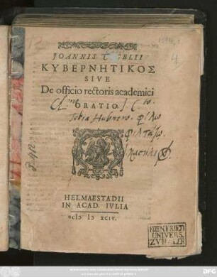 JOANNIS CASELII || KYBERNĒTIKOS || SIVE || De officio rectoris academici || ORATIO ||