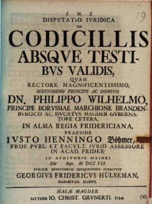 Dispvtatio Ivridica De Codicillis Absqve Testibvs Validis