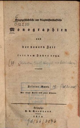 Kriegsgeschichtliche und kriegswissenschaftliche Monographien : aus der neuern Zeit seit dem Jahre 1792. 1819 = Bd. 3