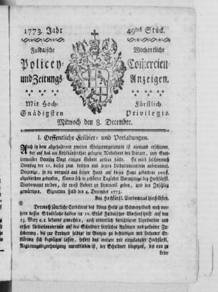 49tes Stück, Ausgabe vom 8. December 1773