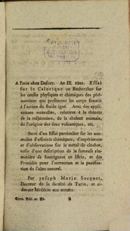 Allgemeine chemische Bibliothek des neunzehnten Jahrhunderts. 2,1. (1802). - IV, 236 S. : 1 Portr.