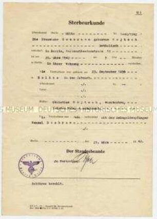 Sterbeurkunde von Franziska Doubrawa - Familienkonvolut