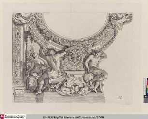 [Pièce aved des ornemens de stuc où l'on a représenté à droite une femme assise, vue de face, et à gauche un homme assis, vu par le dos. Vers le fond de ce même côté deux enfans dont l'un vu par le dos, s'occupent près d'un rosier planté dans un beau vase]