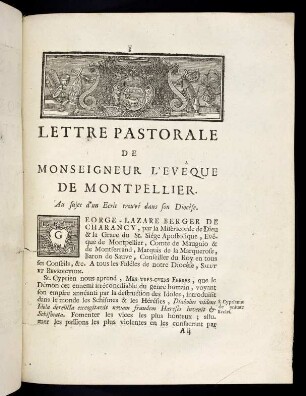 3-40, Lettre pastorale de monseigneur l'evêque de Montpellier au sujet d'un écrit