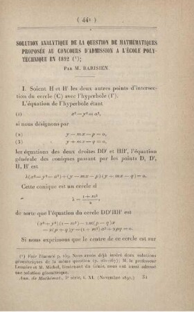 Solution analytique de la question de mathématiques proposée au concours d'admission a l'École Polytechnique en 1892.