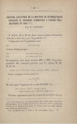 Solution analytique de la question de mathématiques proposée au concours d'admission a l'École Polytechnique en 1892.
