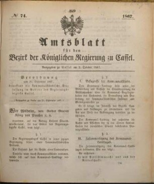 № 74. Ausgegeben zu Cassel am 2. October 1867.