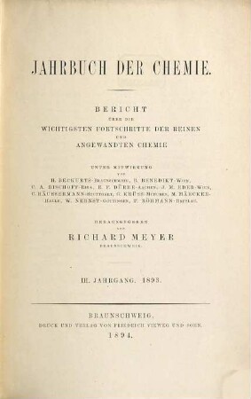 Jahrbuch der Chemie : Bericht über d. wichtigsten Fortschritte d. reinen u. angewandten Chemie, 3. 1893 (1894)