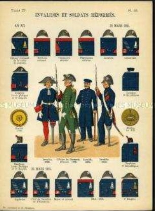 Uniformdarstellung, Soldaten des Invaliden-Korps, Offizier der ehemaligen Husaren, Detailstudien von Kopfbedeckungen und Abzeichen des Invaliden-Korps und ehemaliger Soldaten, Frankreich, 1730/1880.