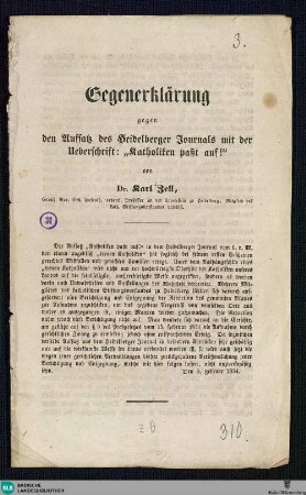 Gegenerklärung gegen den Aufsatz des Heidelberger Journals mit der Ueberschrift: "Katholiken paßt auf!"
