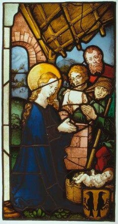 Christi Geburt (linke Hälfte) mit Anbetung der Hirten und Wappen der Familie Krell, aus der ehemaligen Annenkapelle auf dem Kirchhof von St. Lorenz, Nürnberg. Zugehörig zu einem Zyklus von vier Scheiben, rechte Hälfte der Geburt Christi: Gm.024, Geburt Mariens: Gm.021-022