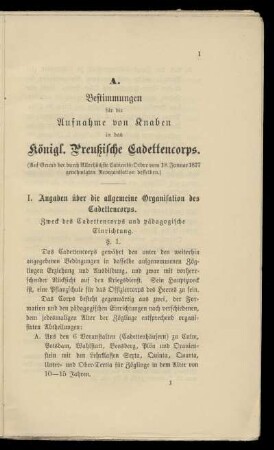 Angaben über die allgemeine Organisation des Cadetten-Corps (§ 1-2)