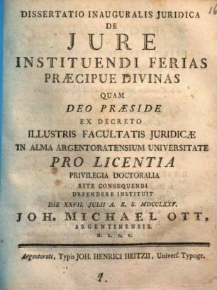 Dissertatio Inauguralis Iuridica De Iure Instituendi Ferias Praecipue Divinas