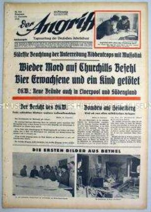 Tageszeitung "Der Angriff" u.a. zum Luft- und See-Krieg gegen England