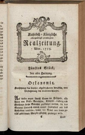Fünftes Stück; den 2ten Hornung. Wien, 1775.