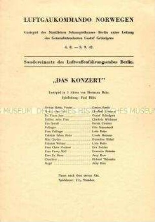 Programmzettel zu einem Gastspiel des Berliner Schauspielhauses im besetzten Norwegen