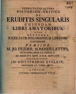 Exercitatio hist. lit. de eruditis, singularis cuiusdam libri amatoribus