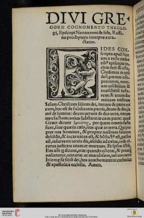 Divi Gregorii cognomento Theologi, Episcopi Nazanzeni de fide, Ruffino presbytero interprete tractatus