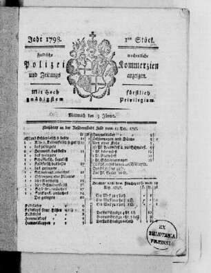 1798: Fuldaische wöchentliche Policey-Commercien und Zeitungsanzeigen : mit hochfürstlich gnädigsten Privilegio