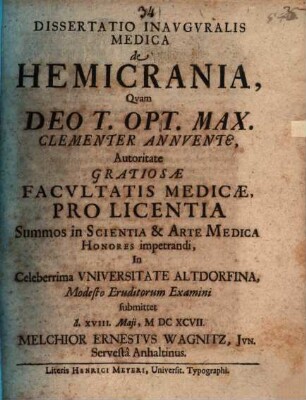 Dissertatio Inavgvralis Medica de Hemicrania