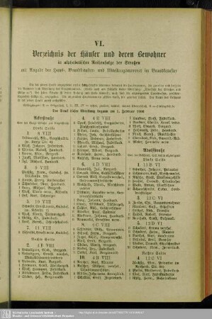 VI. Häuserbuch : VI. Verzeichnis der Häuser und derer Bewohner in alphabetischer Reihenfolge der Straßen