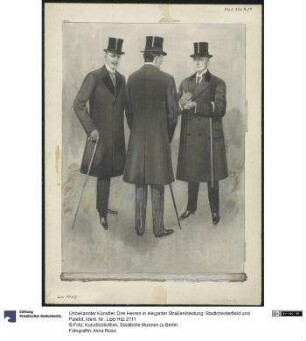 Drei Herren in eleganter Straßenkleidung: Stadtchesterfield und Paletot