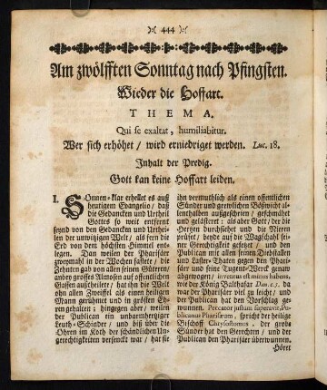 444-455, Am zwölfften Sonntag nach Pfingsten. Wieder die Hoffart. Thema. Qui se exaltat, humiliabitur