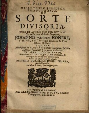 Disputatio Iuridica Inauguralis, De Sorte Divisoria