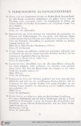 V. Verschiedene Kunstgegenstände (Nr. 95 - 116)