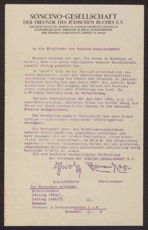 Mitteilung der Soncino-Gesellschaft betreffend eigene Publikationen