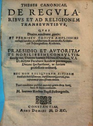 Theses Canonicae De Regularibus Et Ad Religionem Transeuntibus