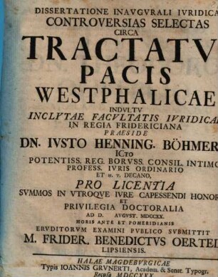 Dissertatione Inavgvrali Ivridica Controversias Selectas Circa Tractatvs Pacis Westphalicae
