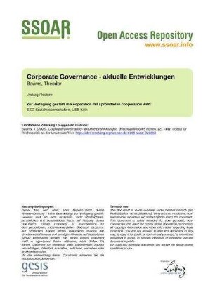 Corporate Governance - aktuelle Entwicklungen