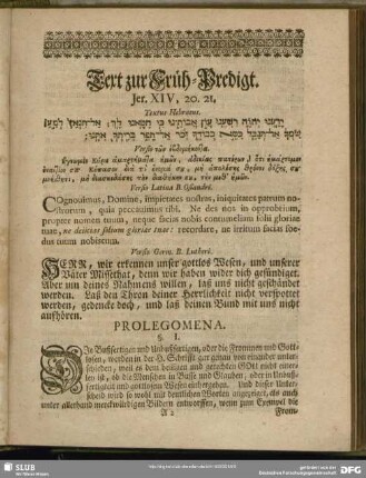 Text zur Früh-Predigt. Jer. XIV, 20. 21