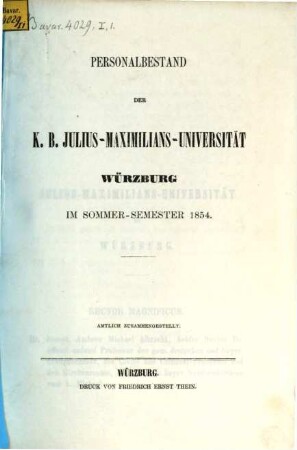 Personalbestand der Königlich-Bayerischen Julius-Maximilians-Universität Würzburg. 1854, 1854. SS.